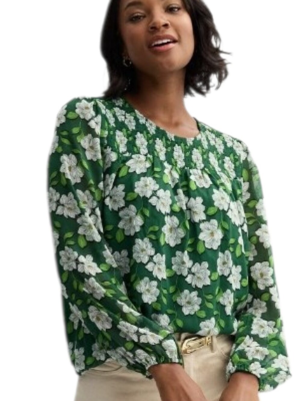 Draper James Green Floral Smocked Yoke Blouse